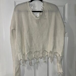 Frayed Hem White Sweater